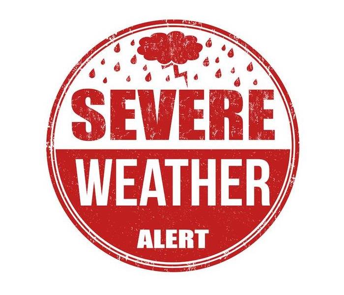 red and white sign saying severe weather alert